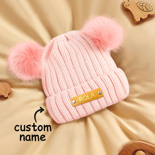 Personalised Baby Beanie with custom name hot-stamped on a genuine leather patch – soft acrylic kids hat, one size for newborns to toddlers