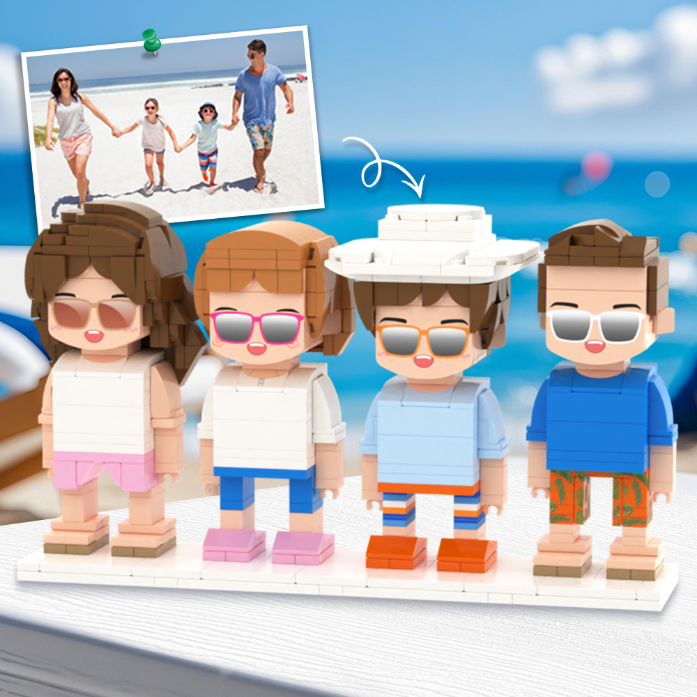 Scale and material display for personalised brick figures showing full-body stature measurement and eco-friendly ABS material information