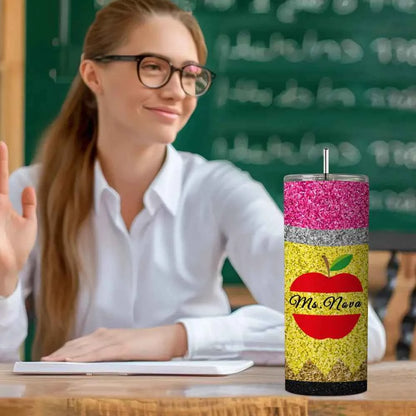 Personalized Glitter Apple 20oz Skinny Tumbler with Straw Back to School Appreciation Gift for Teacher