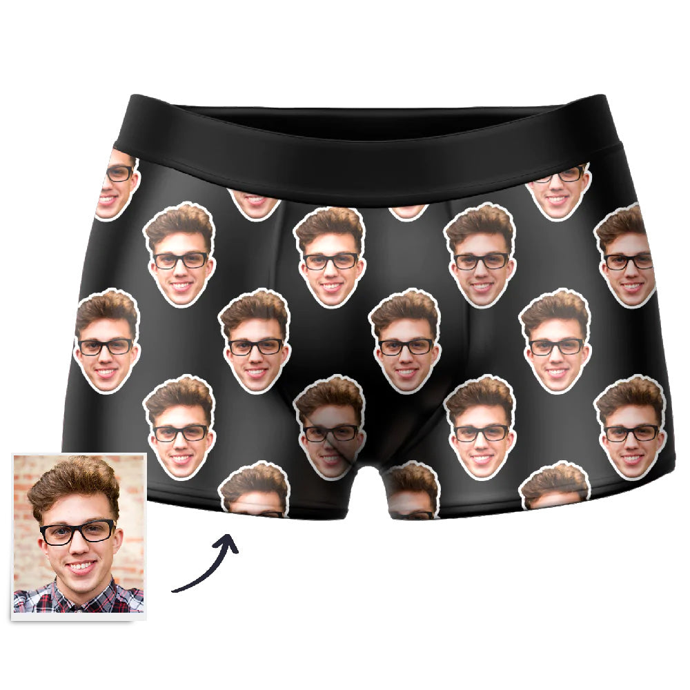 Gift presentation of personalised face boxer shorts — unique custom underwear present for Father's Day or birthdays