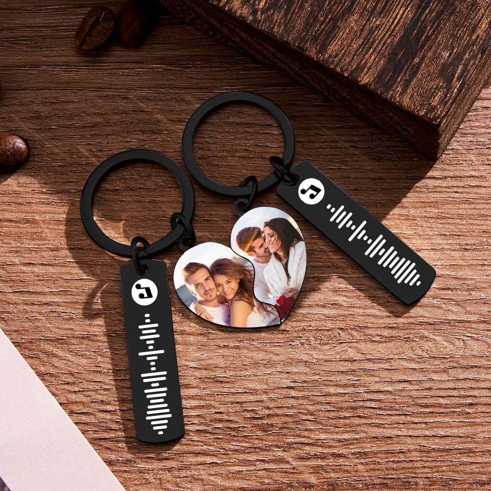 Personalised heart-shaped music code keyring pair with scannable engraved music code and custom names — perfect personalised gift for couples, anniversaries or Valentine’s Day