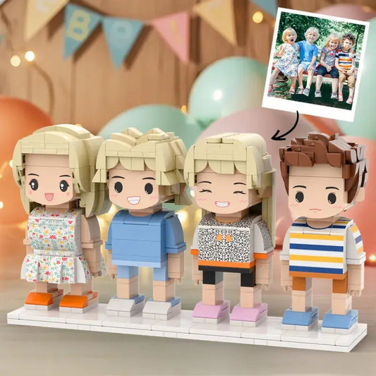 Main product shot of personalised full‑body customisable brick figures — small particle block keepsake made from eco‑friendly ABS