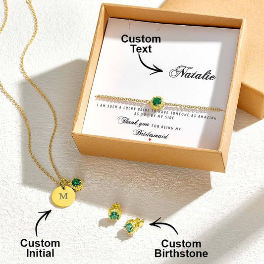 Personalised bridesmaid jewellery set in luxury gift box — necklace, earrings and bracelet in premium copper, hypoallergenic