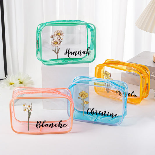 Clear personalised PVC makeup bag featuring birth flower and name – waterproof cosmetic pouch for travel