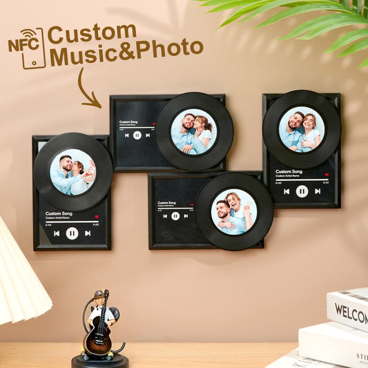Personalised NFC vinyl record wall decor with couple photo — tap-to-play your favourite song, custom music photo gift for couples (41cm x 20.5cm)