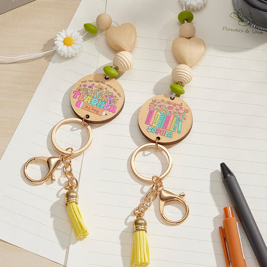Personalised flower beaded lanyard 45 cm with engraved wooden disk, silicone beads, tassel and metal key ring — ideal teacher thank-you gift