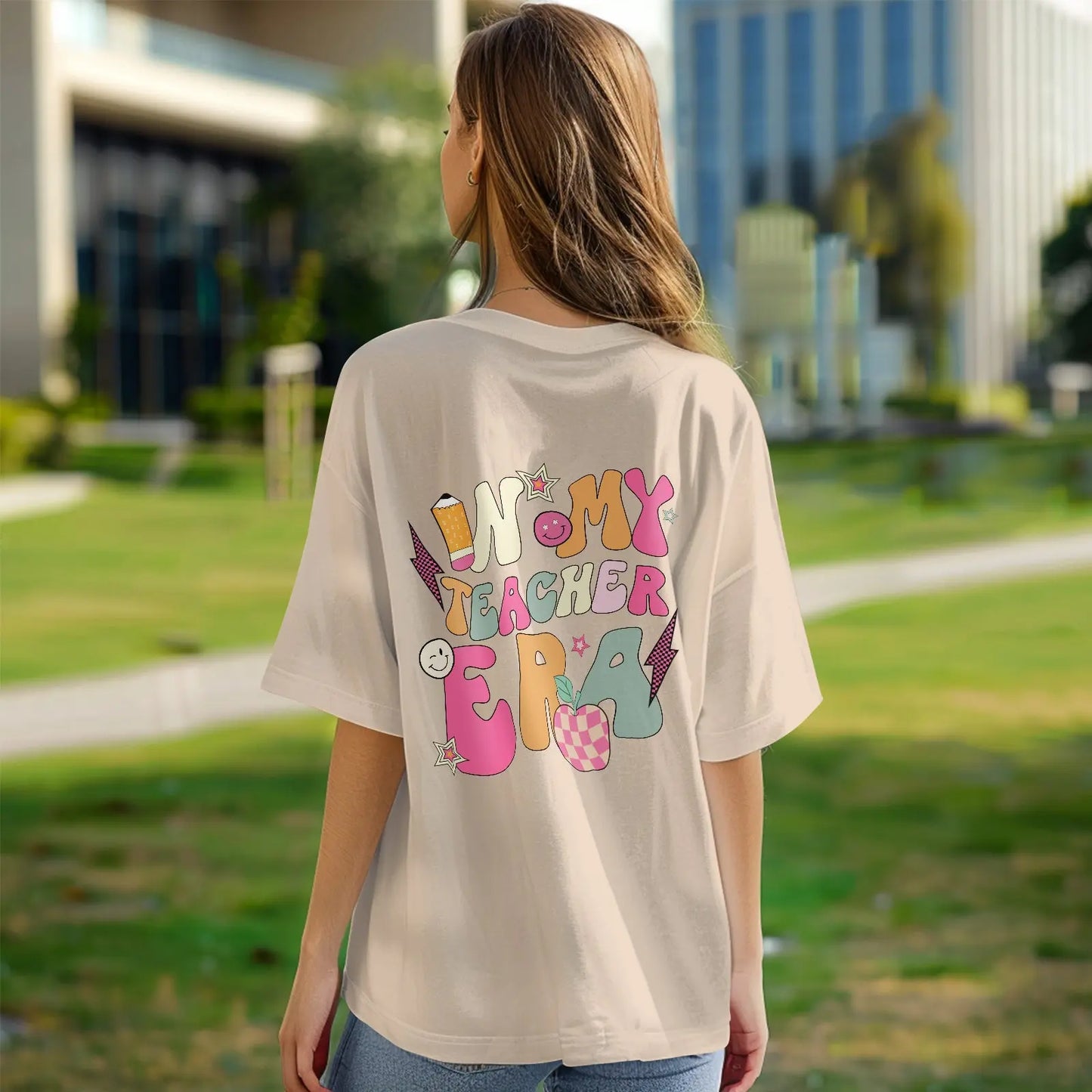 Neckline and shoulder close-up of personalised 'In My Teacher Era' tee showing stitch and soft polyester finish