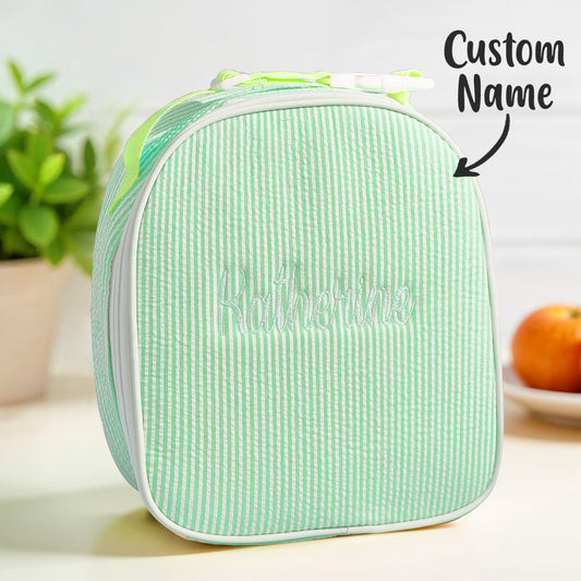 Personalised seersucker lunch bag with embroidered name — front view of lightweight polyester school lunch bag for kids