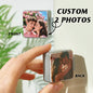 Collection of personalised photo fridge magnets on a kitchen door creating a memory gallery — custom family and friends present with light