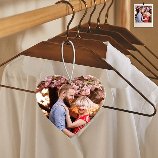 Close-up of the soft felt material and vivid heat-transferred photo on the personalised heart air freshener.