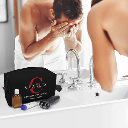 Front view of personalised toiletry bag with neat engraved-style custom text and initials — perfect student wash bag