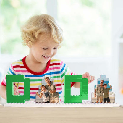 Assembled personalised DADA building brick photo block on display — personalised photo brick puzzle and Father's Day gift