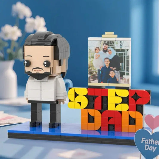 Personalised full-body stepdad building block figure with custom photo — front view showing lifelike facial print, clothing detail and pose; perfect Father's Day personalised photo gift