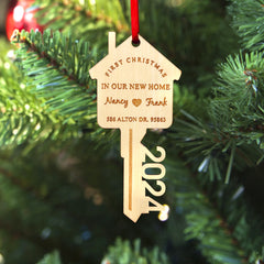 Personalised First Christmas in Our New Home Ornament - Wooden Key Decoration Gift for Couples