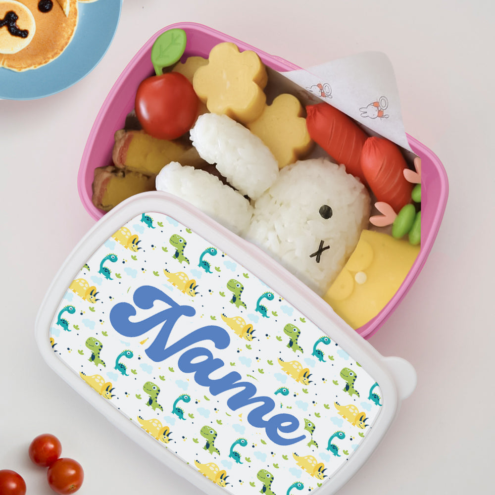 Side view of lightweight personalised dinosaur lunch box with secure lid and easy-carry handle — perfect for little hands at school