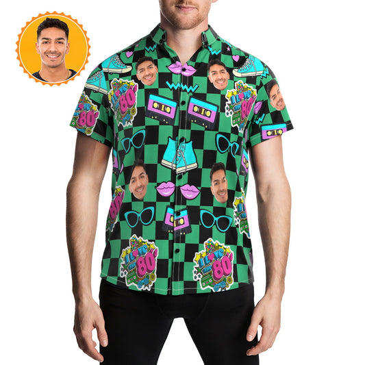 Custom Face Retro Hawaiian Shirt front view — personalised 80s music Aloha shirt with bold face print, lapel collar and vivid heat-transfer colours