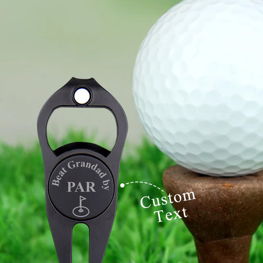 Personalised golf ball marker with flag bottle opener and club fork in black — magnetic, laser‑engraved zinc alloy custom golf gift