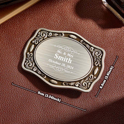 Detail shot of engraved script on personalised cowboy belt buckle — handcrafted engraved keepsake, wedding groom gift