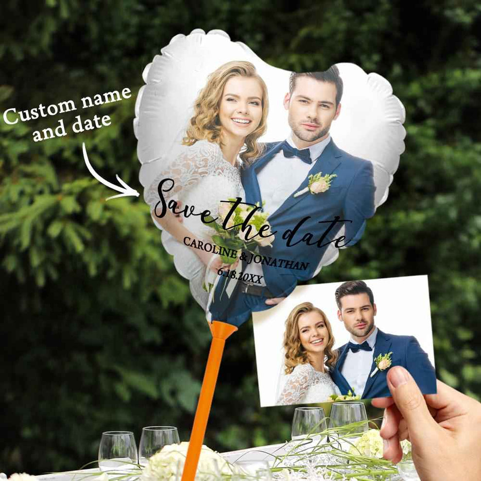 Personalised wedding balloons with custom save the date engagement decor