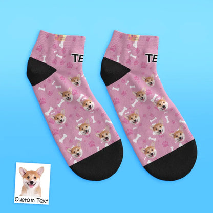 Socks shown on feet with cropped trousers — comfortable custom dog photo ankle socks for everyday wear