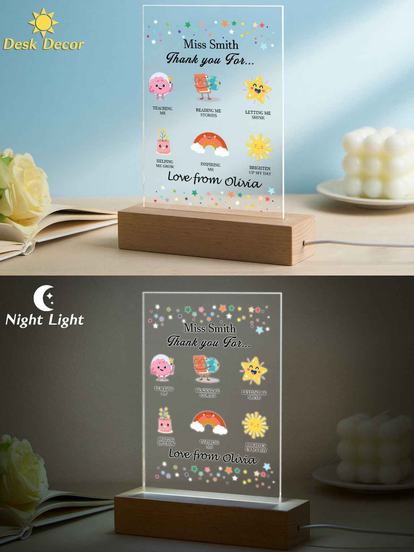 Custom Name Back to School Transparent Night Light Decor White Light Teacher's Day Gift