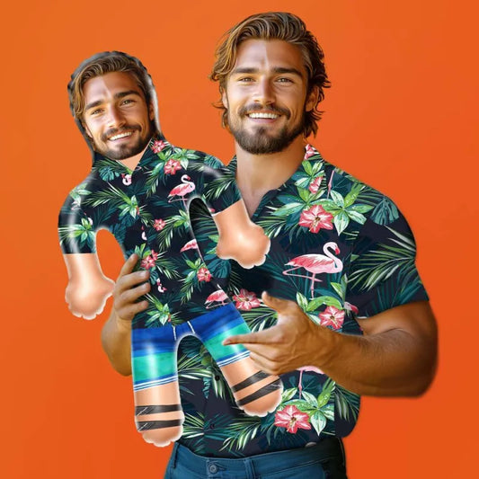 Personalised inflatable blow up doll with a custom face, wearing a Hawaiian shirt and flamingo print, made of PVC for a fun party prop