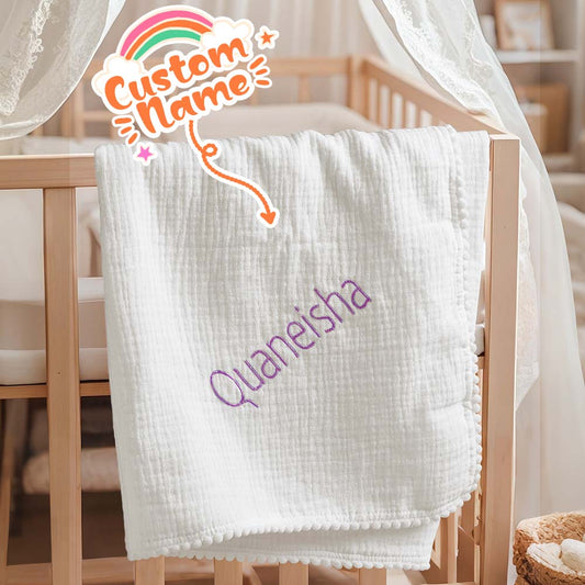 Personalised 100% cotton muslin baby swaddle blanket with embroidered name, 80×100 cm.