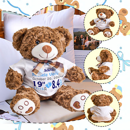 Seated personalised bear plush in nursery setting — ideal personalised name teddy and keepsake for newborns