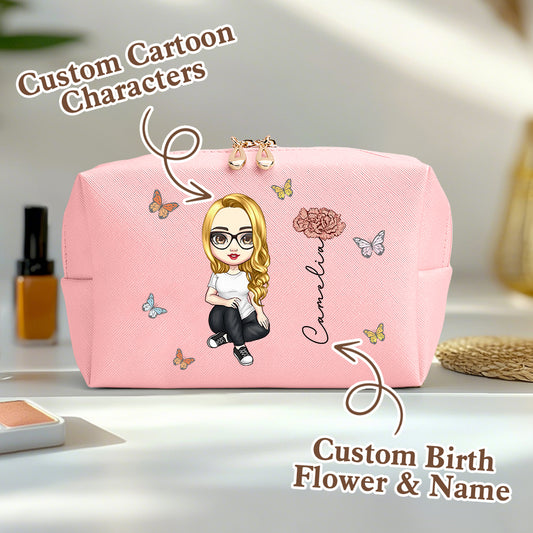 Personalised birth flower make-up bag in pink PU leather with custom name — personalised cosmetic bag gift for her