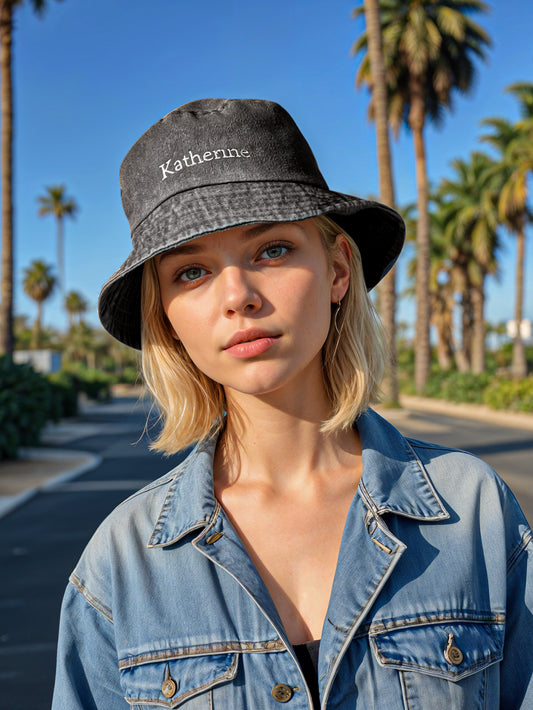 Personalised denim bucket hat front view with custom name embroidery — classic everyday accessory and unique gift for friends, teens and mothers