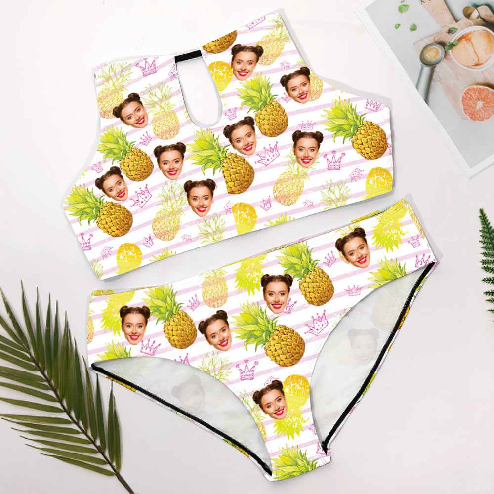 Custom Face Plus Size Swimwear Personalized Pineapple High Waist Bikini Swimsuit