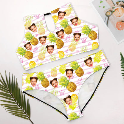 Back view of personalised plus-size pineapple bikini — adjustable halter straps and backless triangle top on custom photo swimsuit