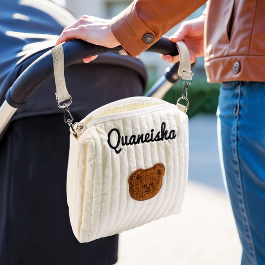 Personalised Stroller Hanging Bag with embroidered name on premium cotton; a pushchair organiser attached to a pushchair, neutral design for nappies, wipes and essentials.