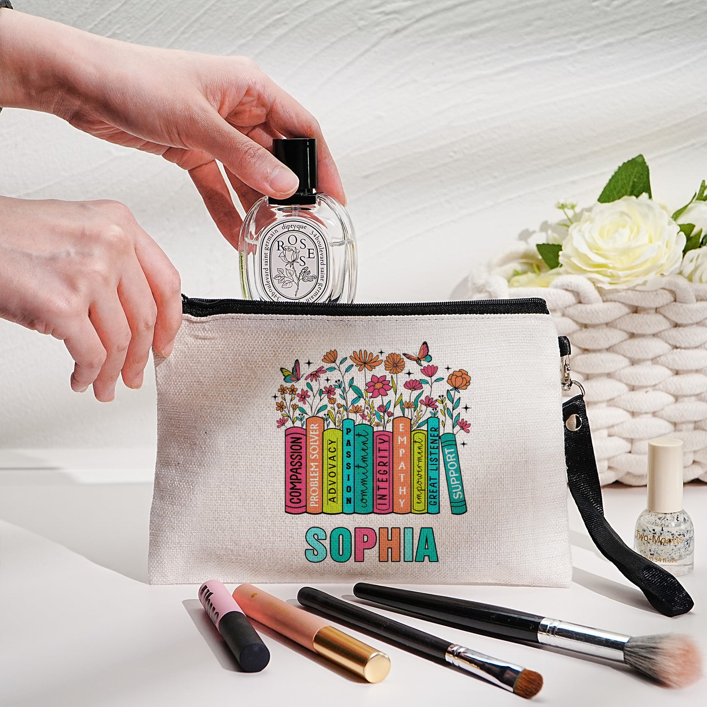 Personalised floral canvas pouch displayed with name customisation – perfect thank-you gift for mentors