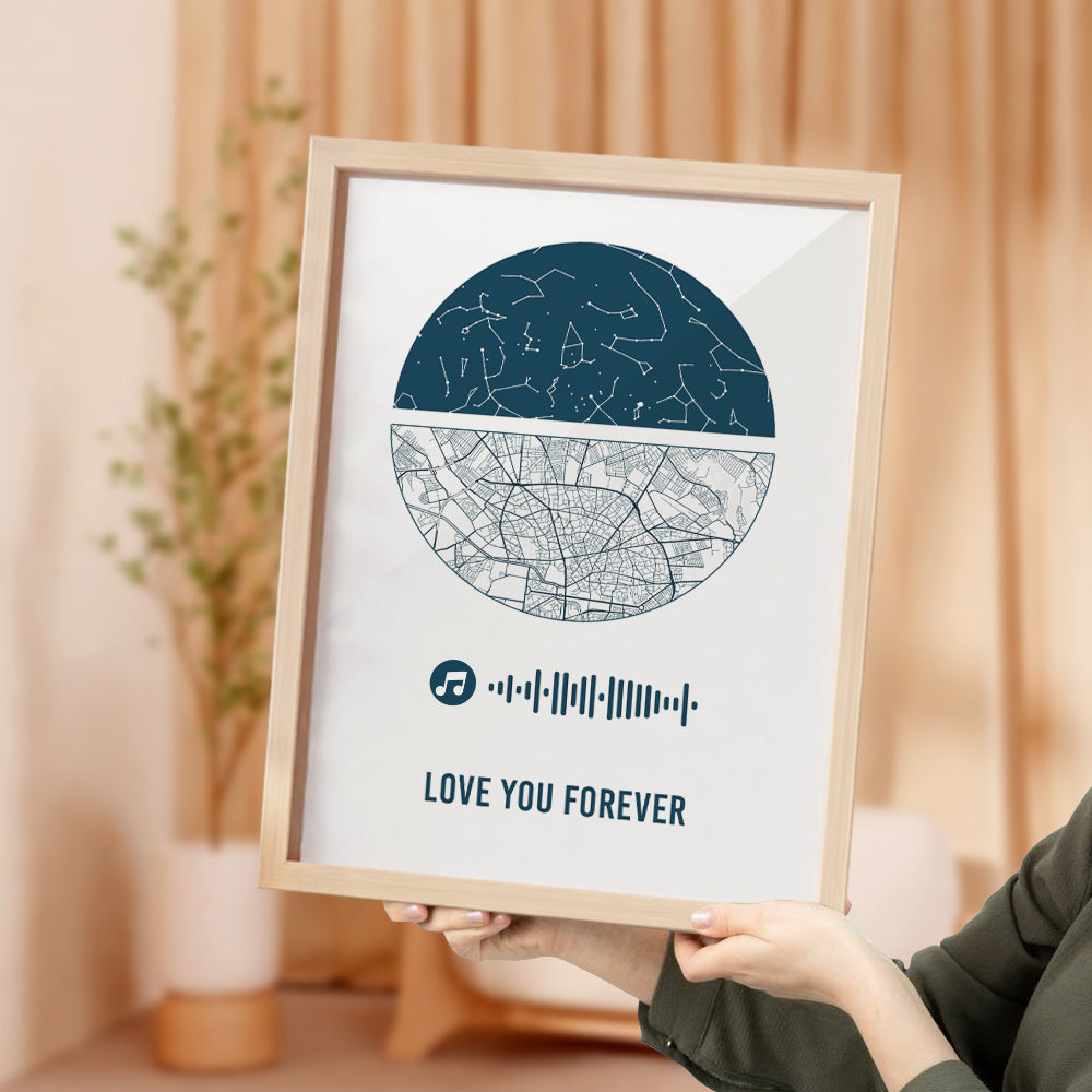 Personalised Music Frame with Custom Night Sky & Map - Unique Wedding & Anniversary Gift