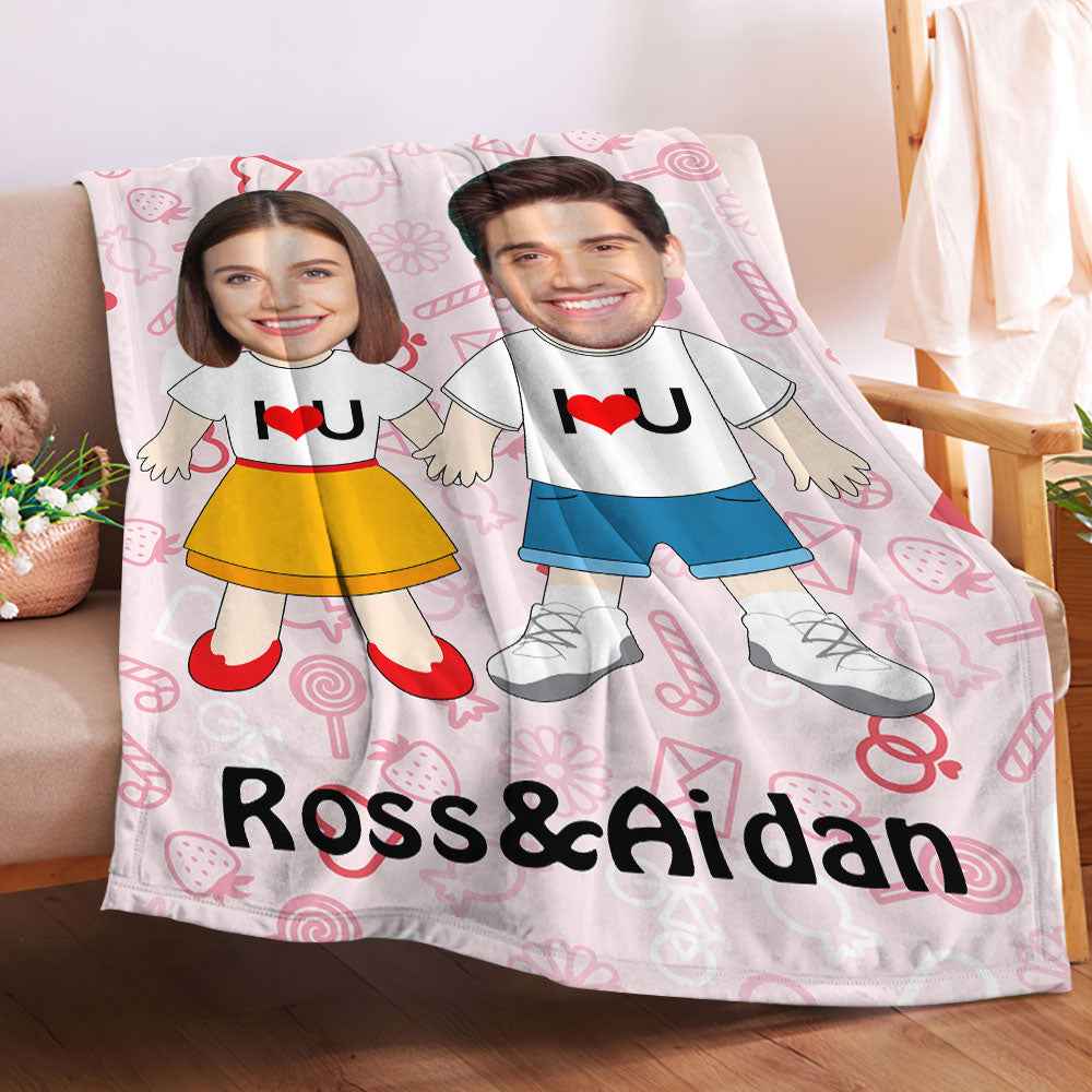 I LOVE U Custom Names Blanket Personalized Face Couple Blanket