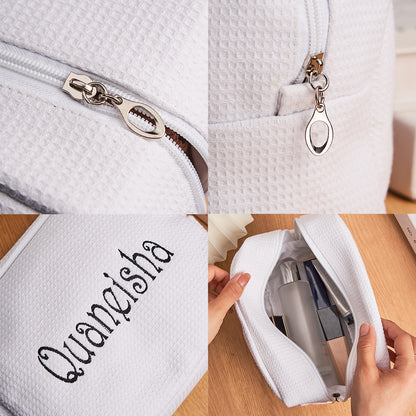 Hand-held scale view of personalised waffle make-up bag, 21 x 15 x 9 cm organiser for everyday use