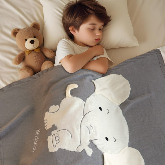 Personalised grey elephant baby blanket with name in soft polyester knit, 70x100 cm, ideal for prams and cots.