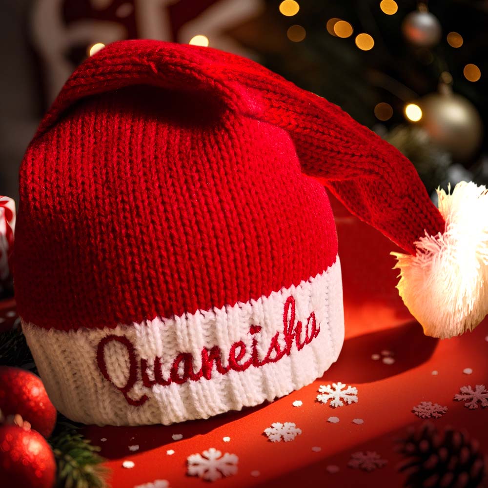 Close-up of embroidery thread detail on a personalised Santa hat showing premium stitching for a lasting personalised name gift