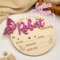 Two sizes of personalised butterfly birth announcement signs displayed side by side — 15.2cm x 13cm and 22cm x 19cm — wooden nursery keepsakes