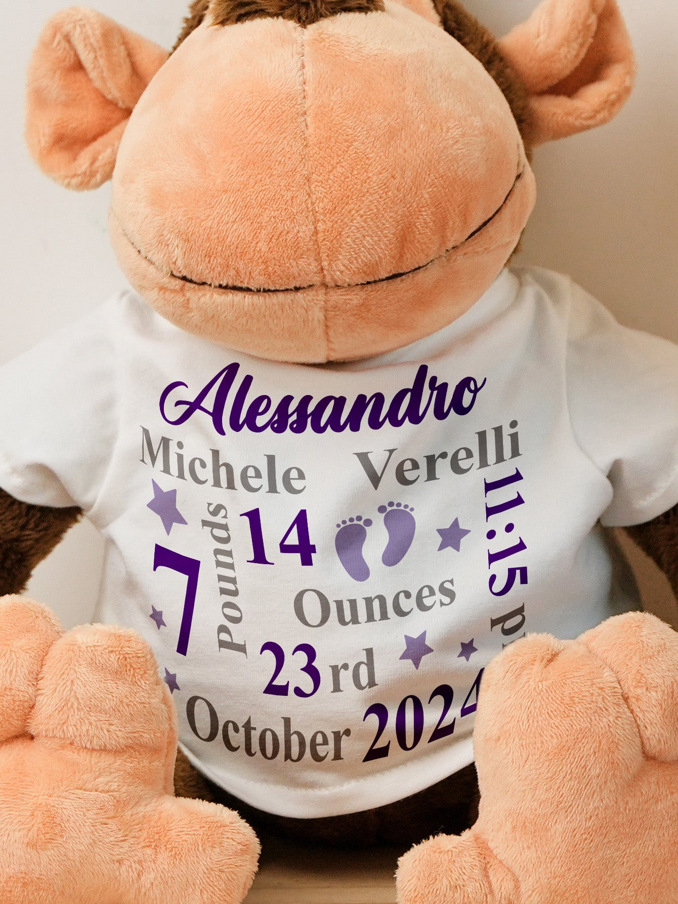 Texture and stitching detail of premium plush fabric and PP cotton filling — quality close-up for personalised baby toy
