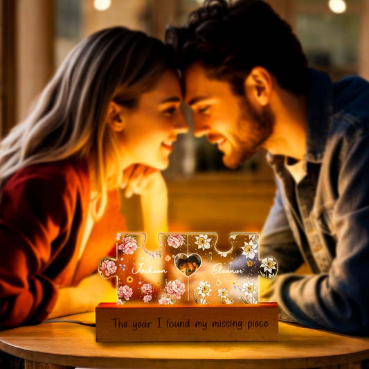 Personalised Couple Puzzle Night Light with birth flower photo, custom LED gift showing intertwined names laser-etched on acrylic and wood bedside lamp