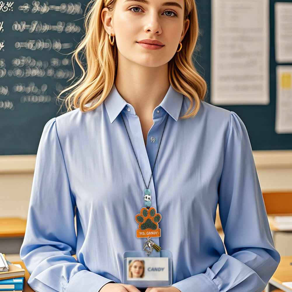 Personalized Glitter Paw ID Badge Lanyard with Text Beads Tassels Badge Lanyard Gift for Teacher Pet Lover