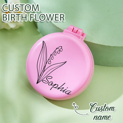 Personalised Foldable Mirror with Hair Brushes | Mini Birth Flower Cushion Mirror Comb Gift