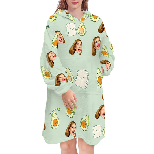 Personalised oversized hoodie blanket with pocket featuring a custom face print — cosy, soft polyester wearable blanket and ideal personalised photo gift