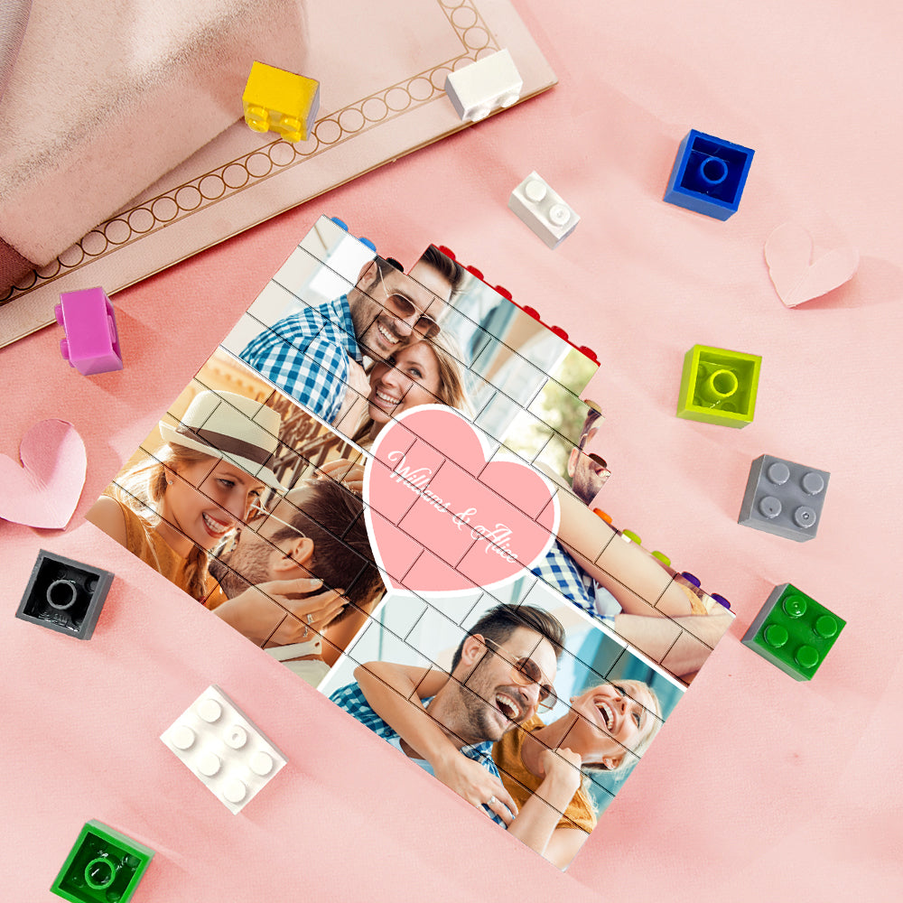 Personalised building brick photo puzzle showing a family portrait printed on a custom PVC block keepsake – UV single-sided print, waterproof 12.8 x 9.8 cm