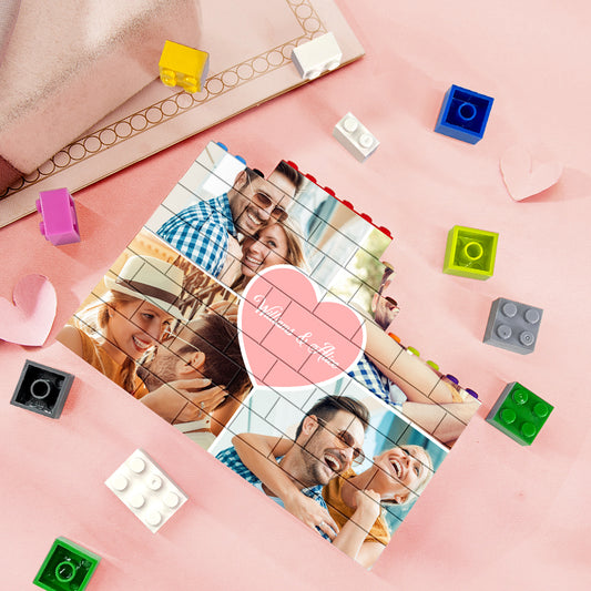 Personalised building brick photo puzzle showing a family portrait printed on a custom PVC block keepsake – UV single-sided print, waterproof 12.8 x 9.8 cm