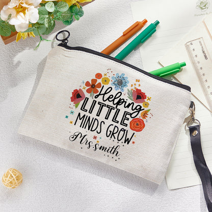 Personalised make-up and pencil bag displayed with accessories, versatile for art supplies or cosmetics