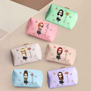 Personalized Cartoon Character Makeup Bag with Birth Flower PU Leather Cosmetic Bag Gift for Her