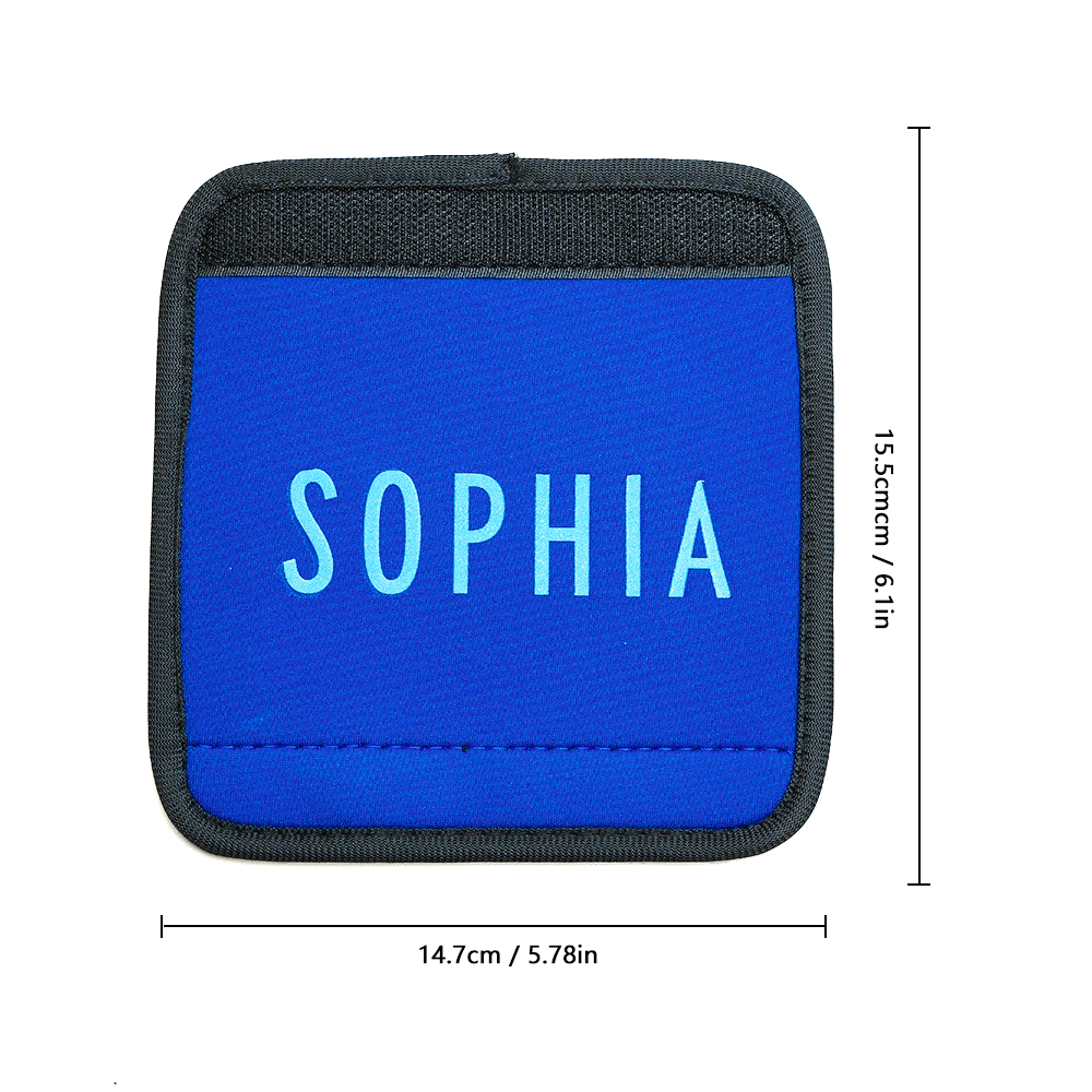 Rear view of neoprene luggage handle wrap showing velcro fastening and soft interior lining, personalised travel ID accessory